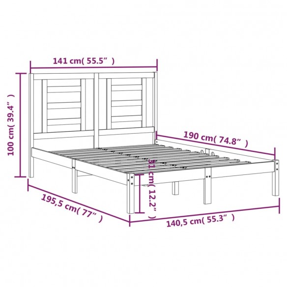 Cadre de lit Gris Bois de pin massif 135x190 cm Double