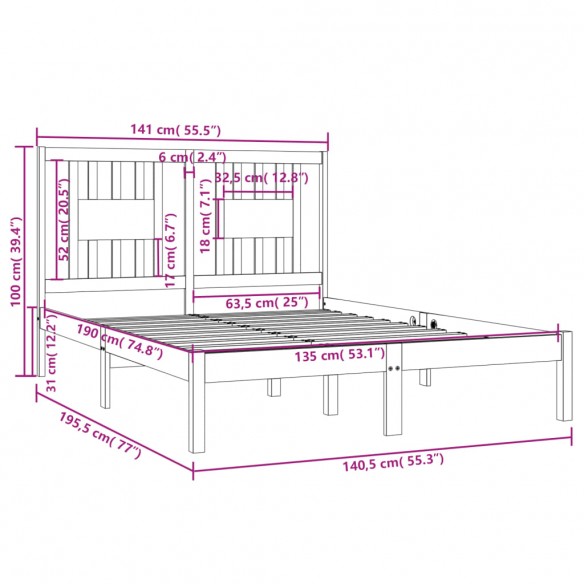 Cadre de lit Gris Bois massif 135x190 cm Double