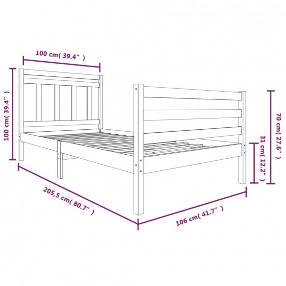 Cadre de lit bois massif 100x200 cm