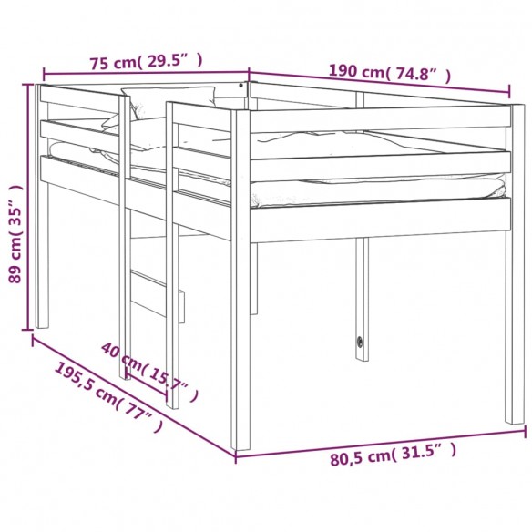 Lit haut Marron miel 75x190 cm Bois de pin massif