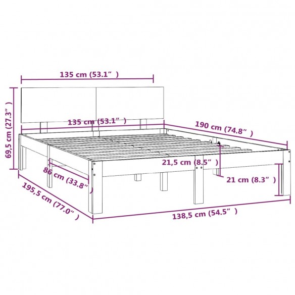 Cadre de lit Marron miel Bois massif 135x190 cm Double