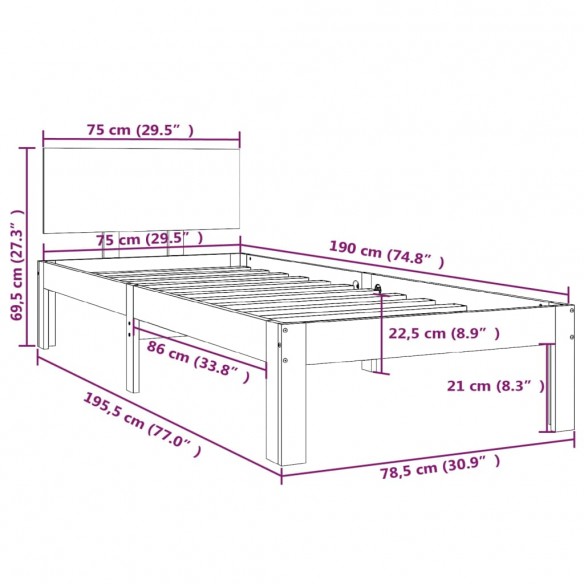 Cadre de lit Noir Bois massif 75x190 cm Petit simple