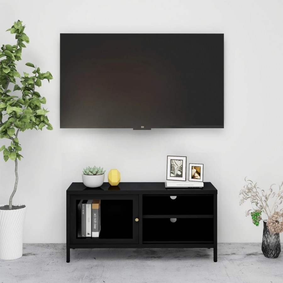Meuble TV Noir 90x30x44 cm Acier et verre