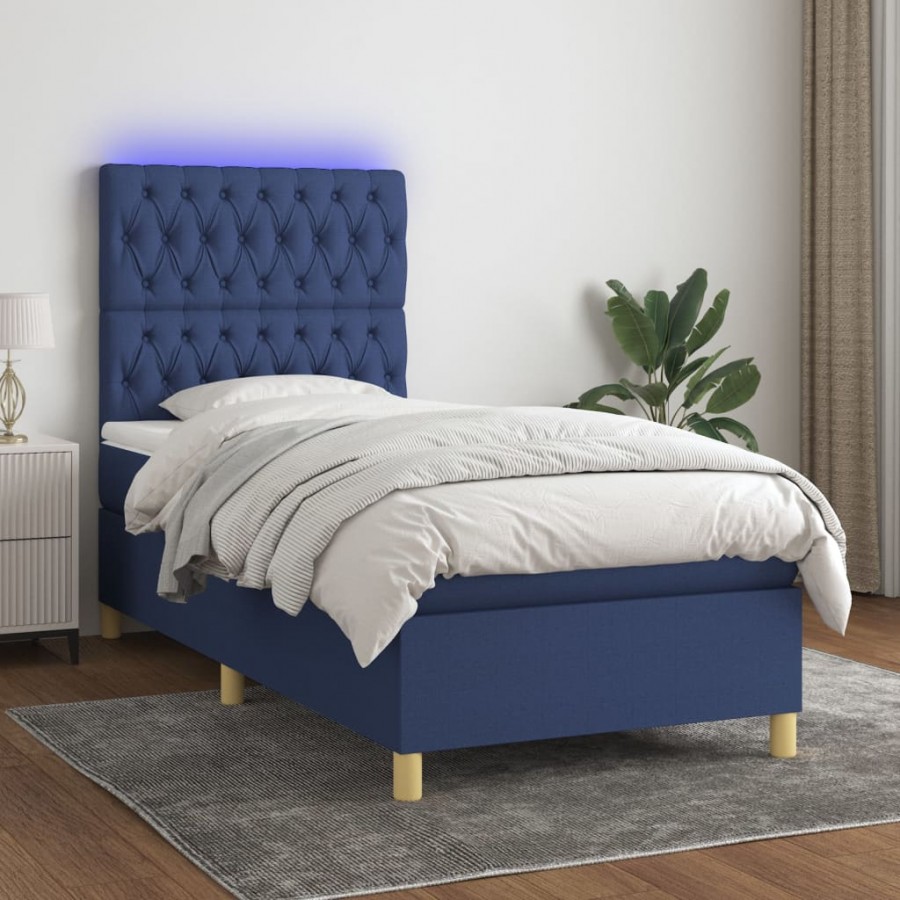 Sommier à lattes de lit et matelas et LED Bleu 90x200 cm Tissu