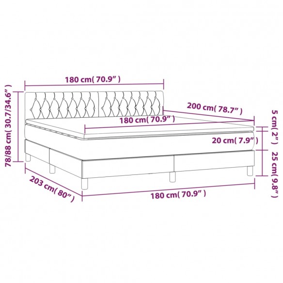 Cadre de lit et matelas et LED Gris foncé 180x200 cm