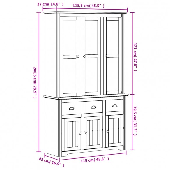 Buffet BODO blanc et marron 115,5x43x200,5cm bois massif de pin