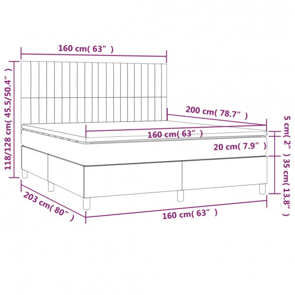 Cadre de lit matelas et LED Gris foncé 160x200 cm