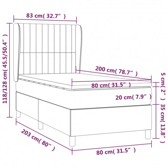 Cadre de lit et matelas Gris foncé 80x200 cm Velours