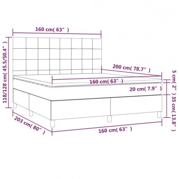 Cadre de lit et matelas et LED Gris foncé 160x200 cm