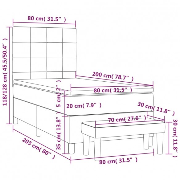 Cadre de lit avec matelas Gris foncé 80x200 cm Tissu