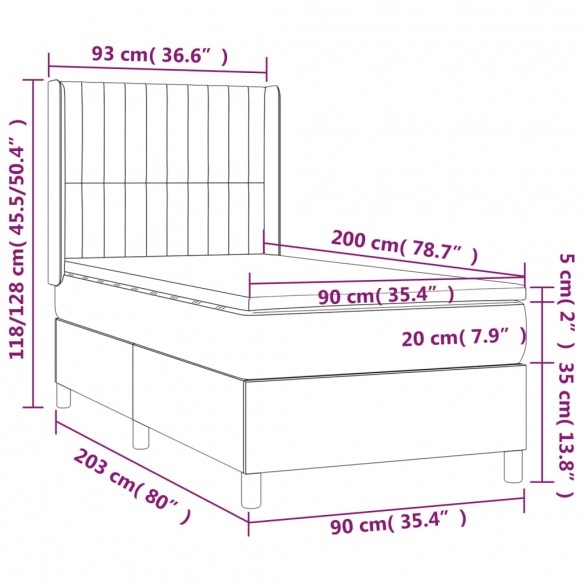 Sommier à lattes de lit et matelas Gris foncé 90x200 cm Velours