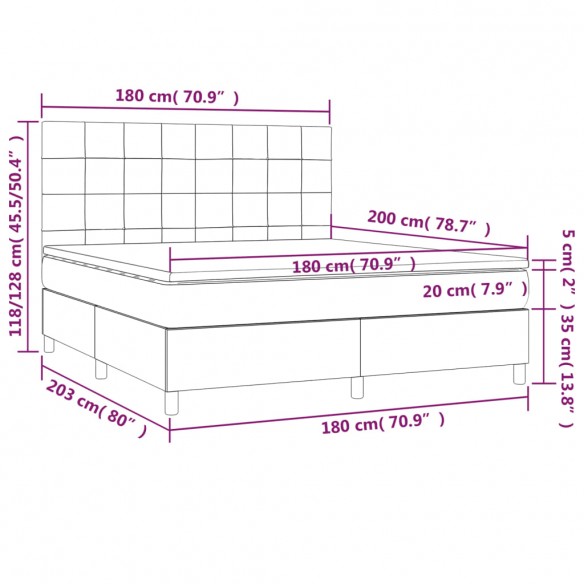 Cadre de lit matelas et LED Gris clair 180x200 cm