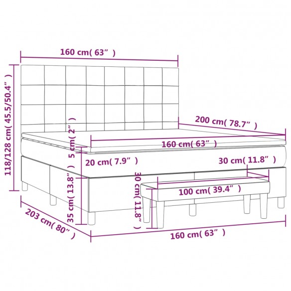 Cadre de lit avec matelas Gris foncé 160x200cm Tissu