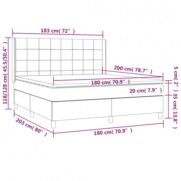 Cadre de lit matelas LED Gris clair 180x200 cm Tissu