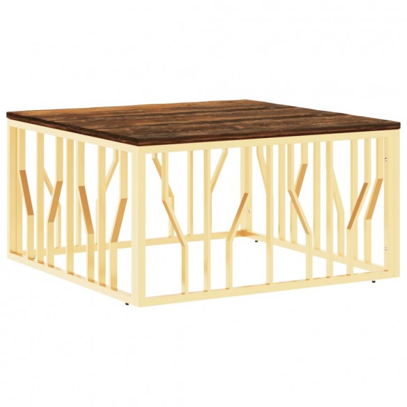 Table basse doré acier inoxydable et bois massif récupération