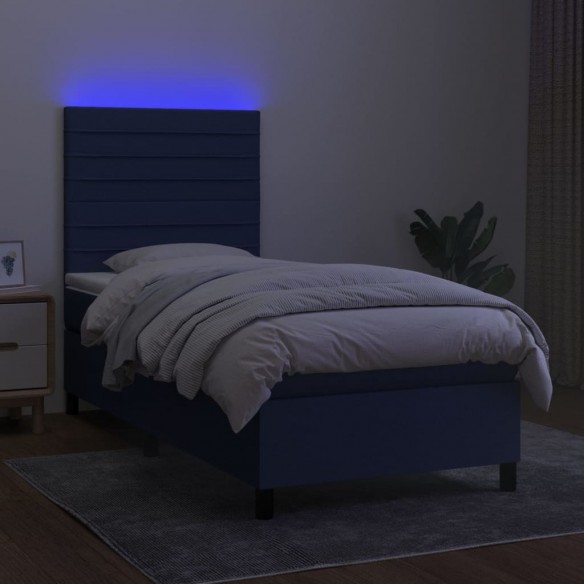 Sommier à lattes de lit et matelas et LED Bleu 100x200 cm Tissu