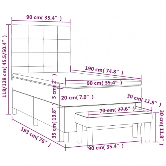 Cadre de lit et matelas Gris clair 90x190 cm Velours