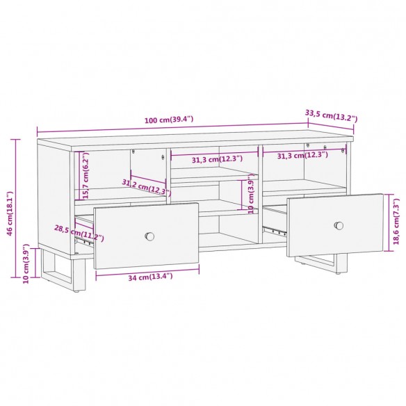 Meuble TV marron et noir 100x33,5x46 cm bois massif de manguier