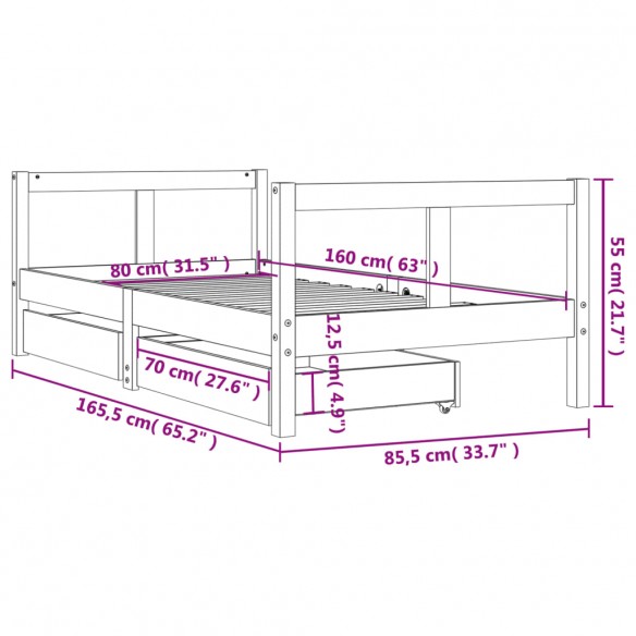 Cadre de lit pour enfant tiroirs blanc 80x160cm bois pin massif