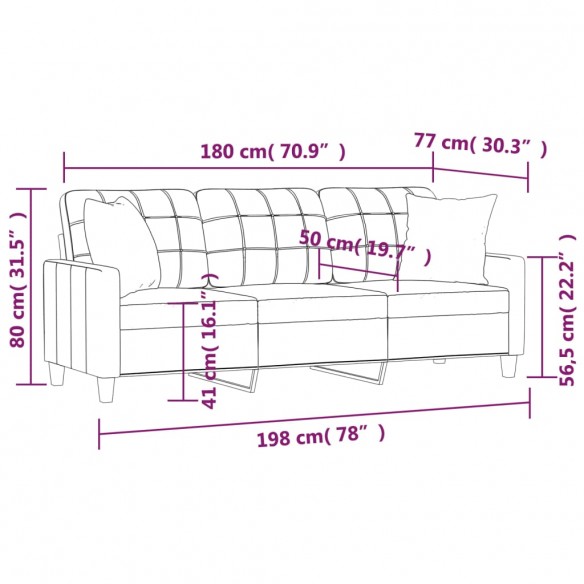 Canapé 3 places avec oreillers décoratifs gris 180cm similicuir