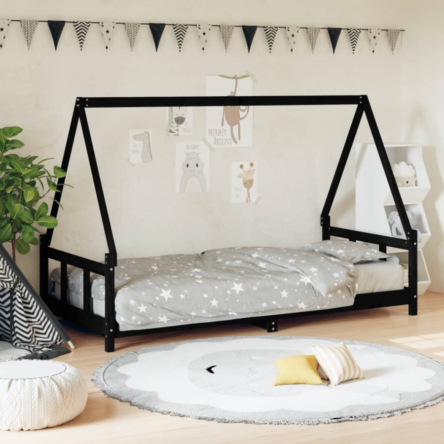 Cadre de lit pour enfants noir 90x200 cm bois de pin massif