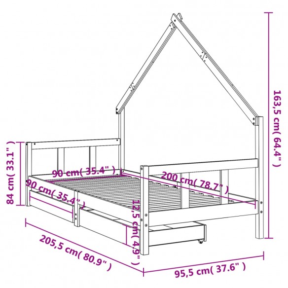 Cadre de lit enfant avec tiroirs 90x200 cm bois de pin massif