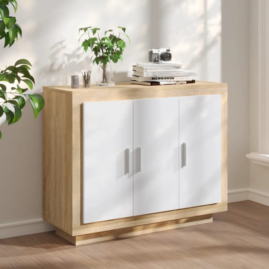 Buffet Blanc et chêne sonoma 92x35x75 cm Bois d'ingénierie