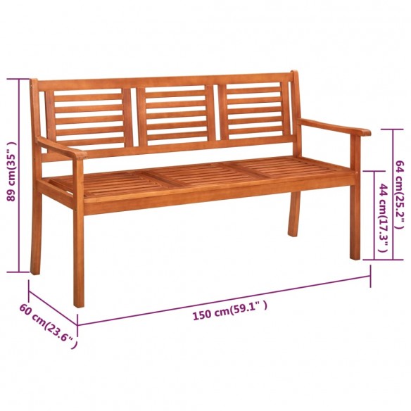 Banc de jardin 3 places avec coussin 150 cm Bois d'eucalyptus