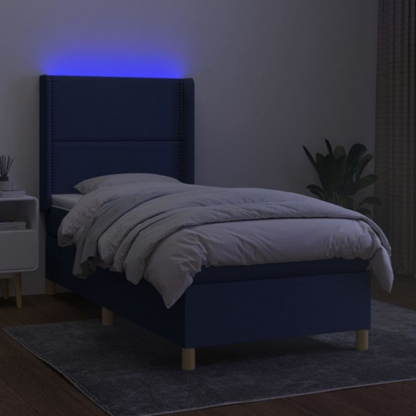 Cadre de lit matelas et LED Bleu 90x200 cm Tissu