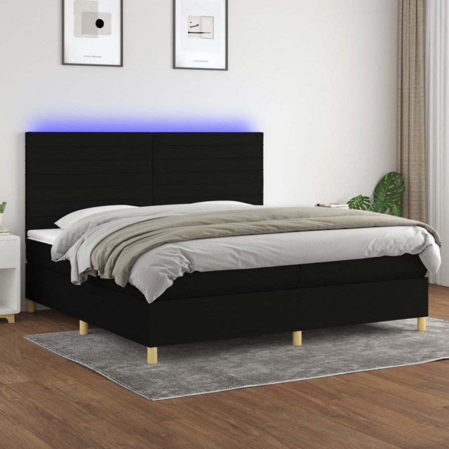 Sommier à lattes de lit et matelas et LED Noir 200x200 cm Tissu