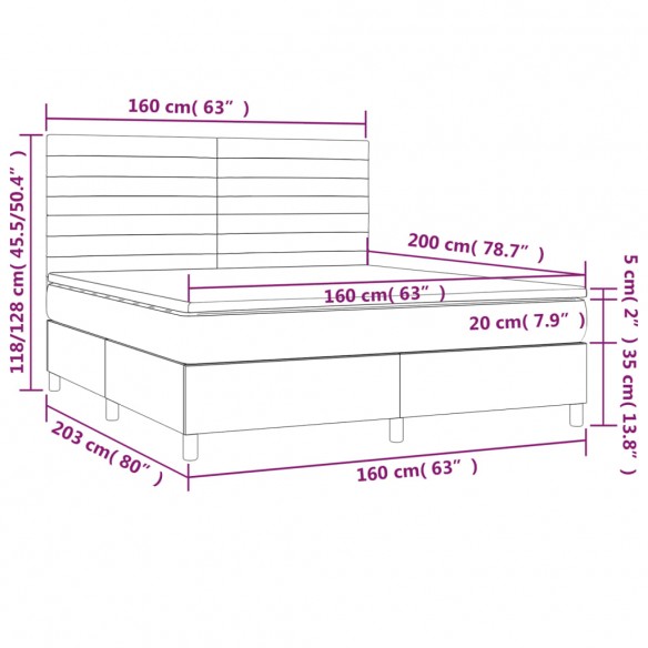 Cadre de lit et matelas et LED Gris foncé 160x200 cm