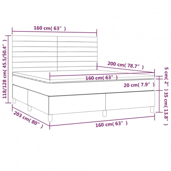 Cadre de lit et matelas Gris foncé 160x200cm Velours