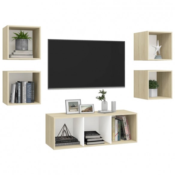 Ensemble de meuble TV 5 pcs Blanc et chêne sonoma Aggloméré