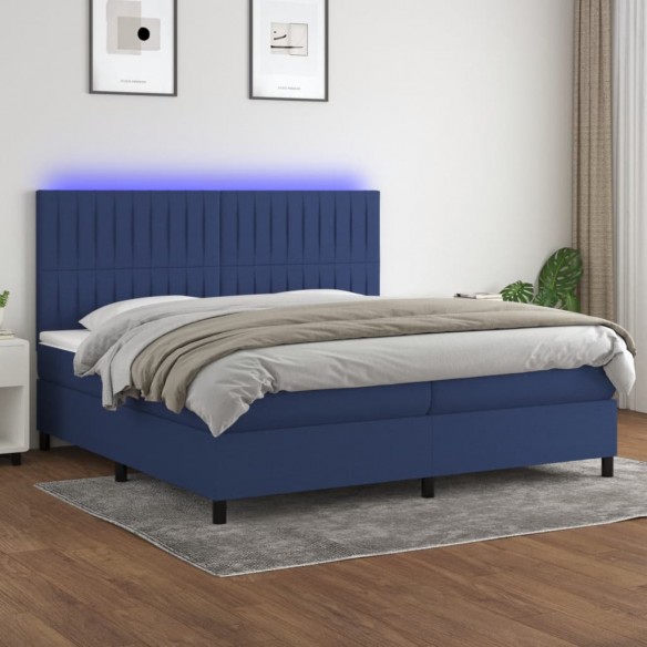 Sommier à lattes de lit et matelas et LED Bleu 200x200 cm Tissu