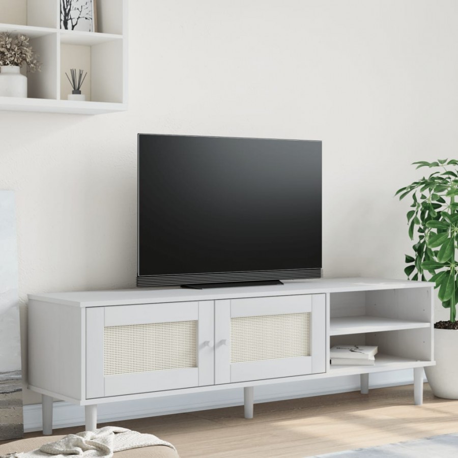 Meuble TV SENJA aspect rotin blanc 158x40x49cm bois massif pin