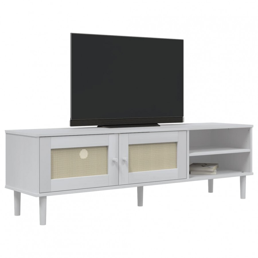 Meuble TV SENJA aspect rotin blanc 158x40x49cm bois massif pin