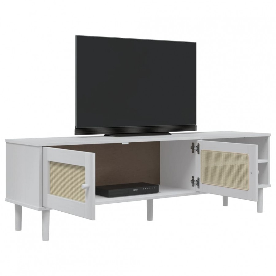 Meuble TV SENJA aspect rotin blanc 158x40x49cm bois massif pin