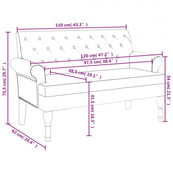 Banc avec dossier gris clair 120x62x75,5 cm tissu