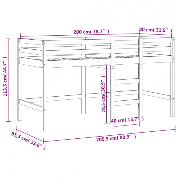 Lit mezzanine enfants échelle blanc 80x200 cm bois pin massif