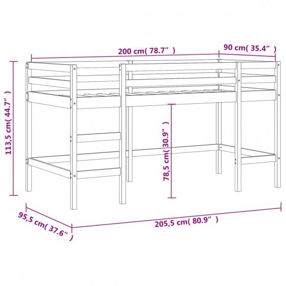 Lit mezzanine enfants échelle 90x200 cm bois pin massif