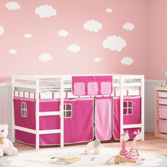 Lit mezzanine enfants et rideaux rose 80x200cm bois pin massif