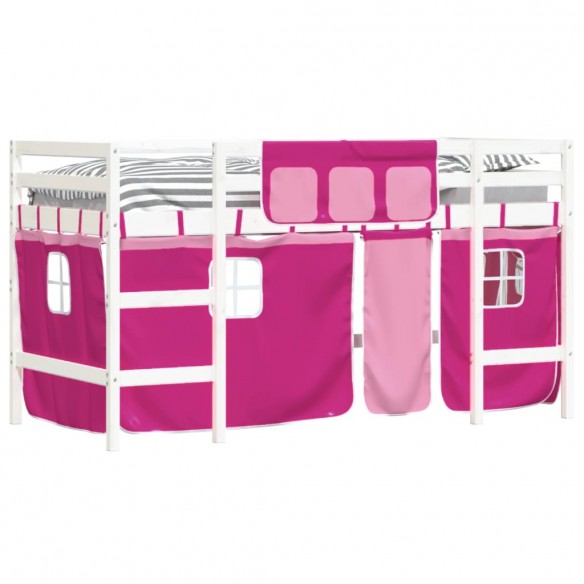 Lit mezzanine enfants et rideaux rose 80x200cm bois pin massif