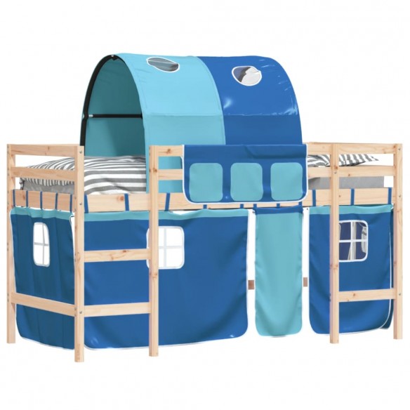 Lit mezzanine enfants avec tunnel bleu 80x200cm bois pin massif