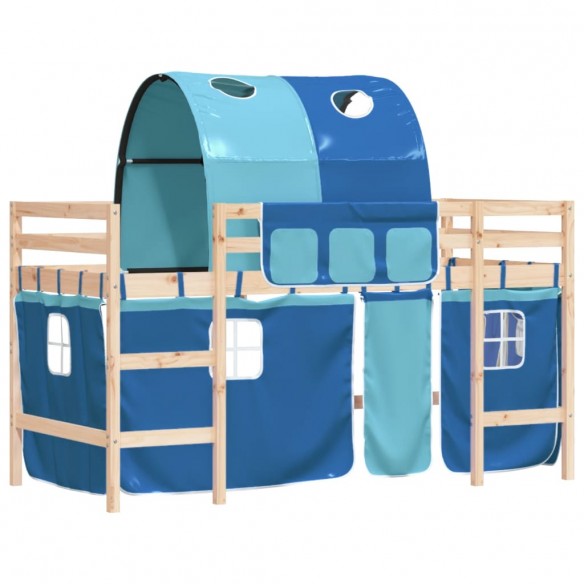 Lit mezzanine enfants avec tunnel bleu 80x200cm bois pin massif