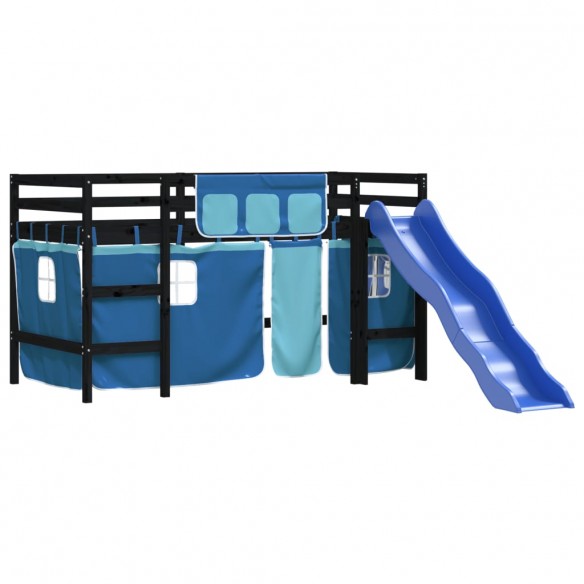 Lit mezzanine enfants et rideaux bleu 80x200cm bois pin massif