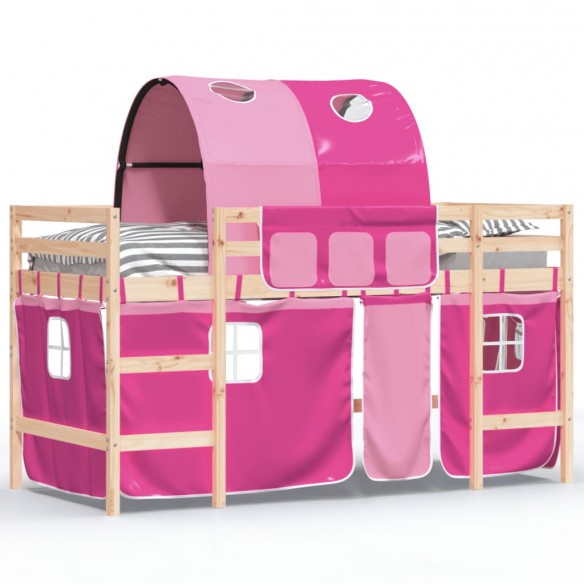 Lit mezzanine enfants avec tunnel rose 90x190cm bois pin massif