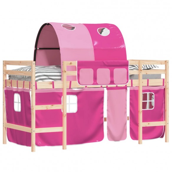 Lit mezzanine enfants avec tunnel rose 90x190cm bois pin massif