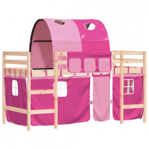 Lit mezzanine enfants avec tunnel rose 90x190cm bois pin massif