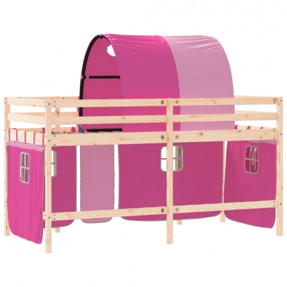 Lit mezzanine enfants avec tunnel rose 90x190cm bois pin massif