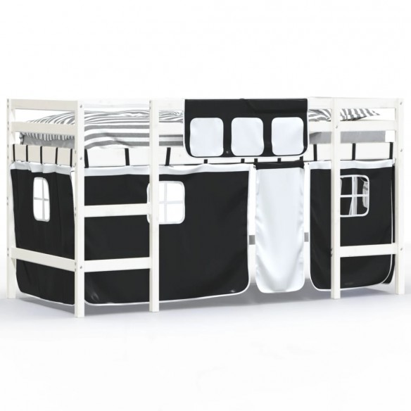 Lit mezzanine enfants et rideaux blanc/noir 90x190cm pin massif